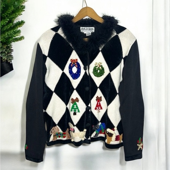 JACK B. QUICK Vintage 90s Christmas Novelty Holiday Feather Collar Cardigan - Picture 1 of 11